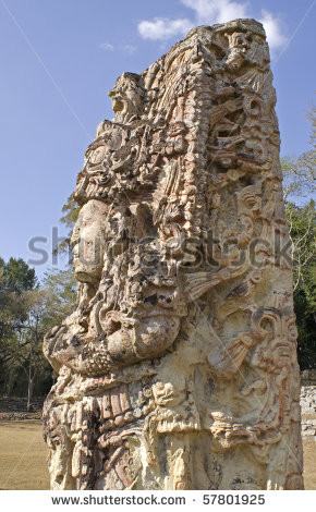 Detail of ancient Mayan Gods and demons at Copan, Honduras - stock ...