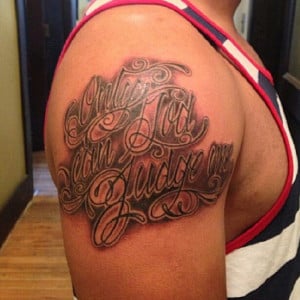 Only god can judge me quote script shoulder tattoo uncategorized