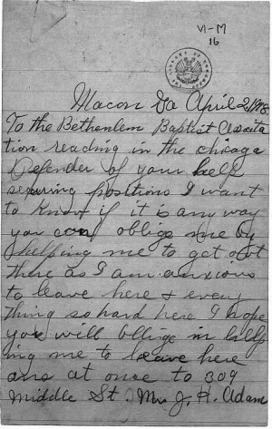 Letter from Mrs. J. H. Adams, Macon, Georgia to the Bethlehem Baptist ...