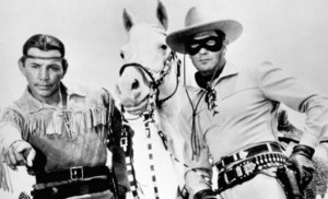 Jay Silverheels as Tonto and Clayton Moore as the Lone Ranger in the ...