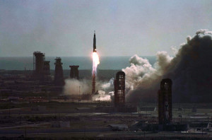 Astronaut John Glenn, aboard the Friendship 7 Mercury Capsule launches ...