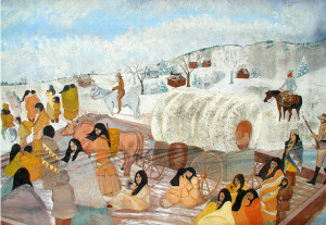 Painting of trail of tears with Native Americans on the 