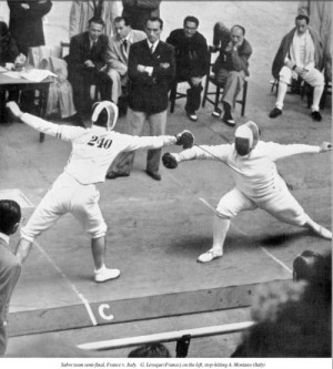 ID: two sabre fencers in a bout. The fencer on the right is lunging ...