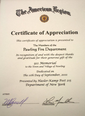 VFW Post Presents Pawling Fire Dept with Certificate of Appreciation