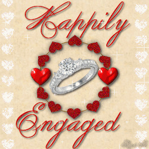 Happily engaged ring in red hearts