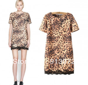 New Fashion Ladies sexy lace hem Leopard print font b dress b font