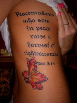 bible quotes tattoo - rib, side, girl, flower