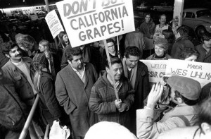 United Farm Workers leader Cesar Chavez carrying a sign calling for a ...