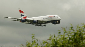 British Airways superjumbo flies into Heathrow