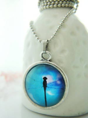 Dragonfly Silhouette Blue Background 18mm Small Glass Pendant Necklace