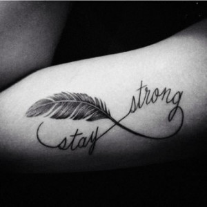 Beautiful feather infinity Tattoo on shoulder back - Stay strong