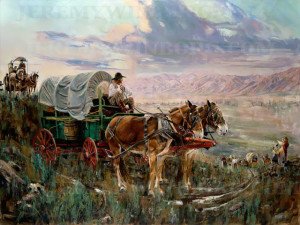 LDS pioneers travel by horse cart to their new home in Utah an ...