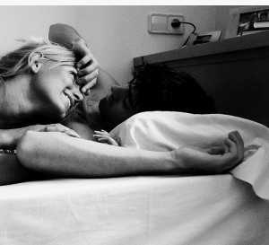 bed, black and white, couple, happy, love, smile