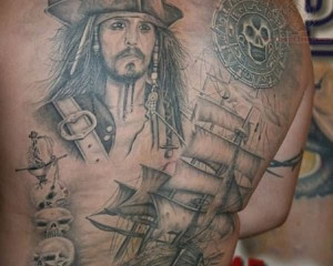 Grey Ink Pirate Ship Tattoo For Half Sleeve