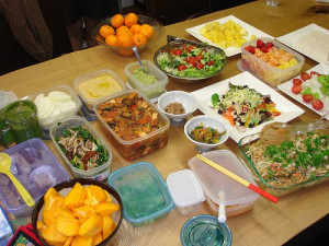 Potluck Dishes: fruits, salad and casseroles