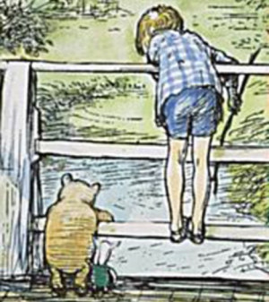... and Christopher Robin play Poohsticks on a bridge over running water