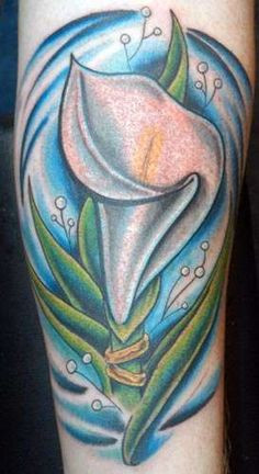 calla lily with blue background swirl More