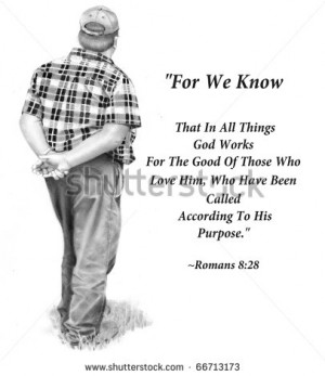 Pencil Drawing of Man with Bible Verse from Romans 8:28 - stock photo