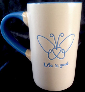 Life Is Good Mug Coffee Cup Large Tan Blue Good Karma Butterfly Heart ...