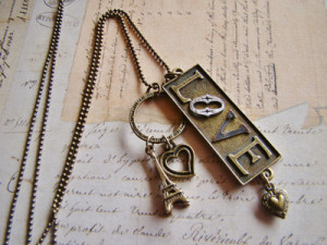 bronze, letters, love, necklace, paris, romantic, vintage