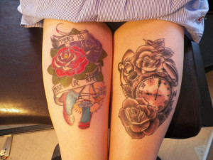Clock And Flowers Tattoo On Thighs