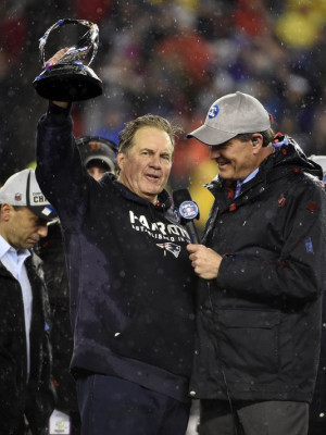 New England Patriots head coach Bill Belichick holds up the Lamar Hunt ...