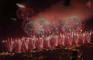 Fire works explode over Funchal Bay in Madeira island during New Year ...