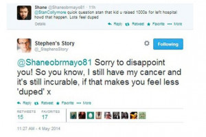Stephen, of Burntwood, Staffs, who has bowel cancer, tweeted yesterday ...
