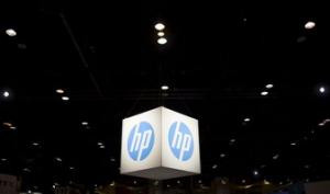 The Hewlett-Packard (HP) logo is seen as part of a display at the ...