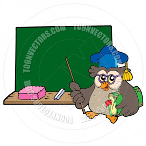 Cartoon Owl Teacher with Book and Blackboard