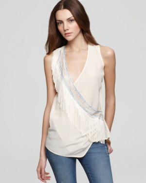 Plenty By Tracy Reese Quotation Blouse Fringe Crossover in Beige (bone ...