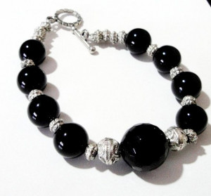 Onyx Bracelet Black Silver Beaded Bracelet by BijiJewelry: Genuine ...