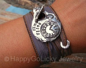 ... Quote Jewelry, Pocket Watch Clock Parts Bracelet, Time Flies Silk Wrap