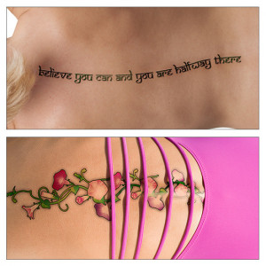 Collage of a vine design and a quote tattoo on spine