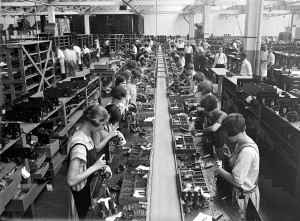 An assemblyline in a radio factory