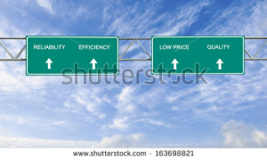 Road signs to reliability, efficiency, low price, quality - stock ...