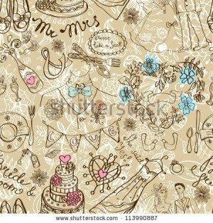 Wedding seamless pattern with doodles over pink, illustration