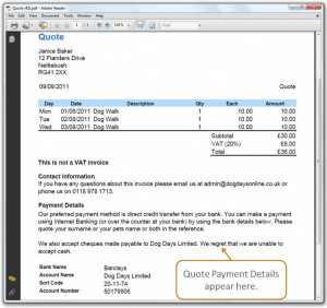 Screen Shot - Quote payment details showing on the quote