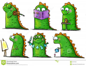 Stock Photo: Funny baby-dinosaurs at arts and crafts lesson