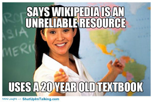 Says Wikipedia is an unreliable source, uses 20 year old textbook.
