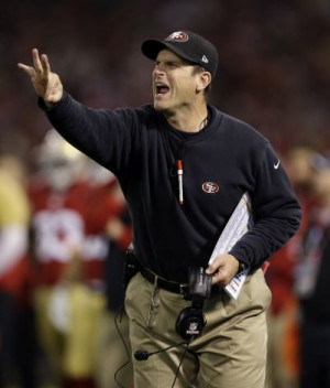 San Francisco 49ers coach Jim Harbaugh yells during the first half of ...