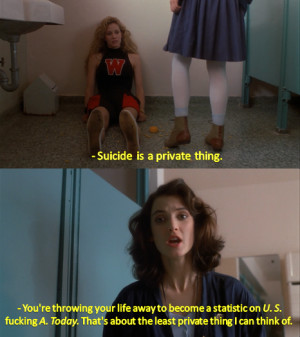 ... this image include: Heathers, private thing, movie, quotes and suicide