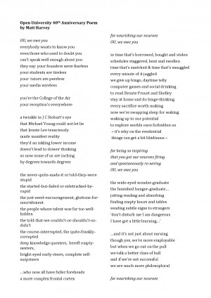 Open University 40th Anniversary Poem by Matt Harvey OU, we owe