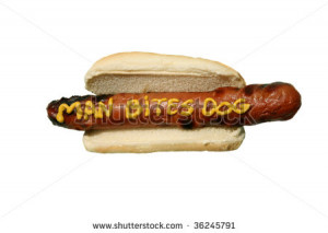 Hot Dog with words and sayings written in yellow mustard - stock photo