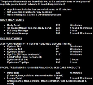 Beauty Treatments Price List