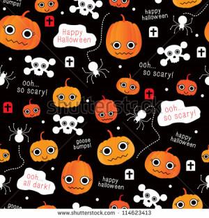 Cute seamless comic pumpkin and halloween skull background pattern in ...