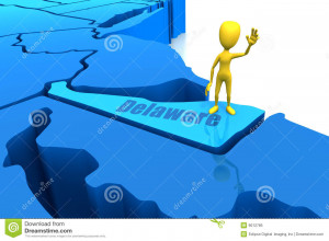 ... stick figure standing on blue state of Delaware waving. On a