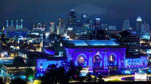 Union Station in Kansas City lit up in blue in support of the Royals.