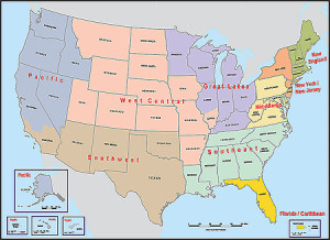 United States Map Broken into Regions