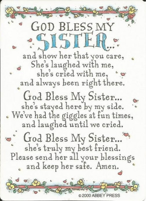 God Bless My Sister Prayer Card Single laminated prayer card features ...
